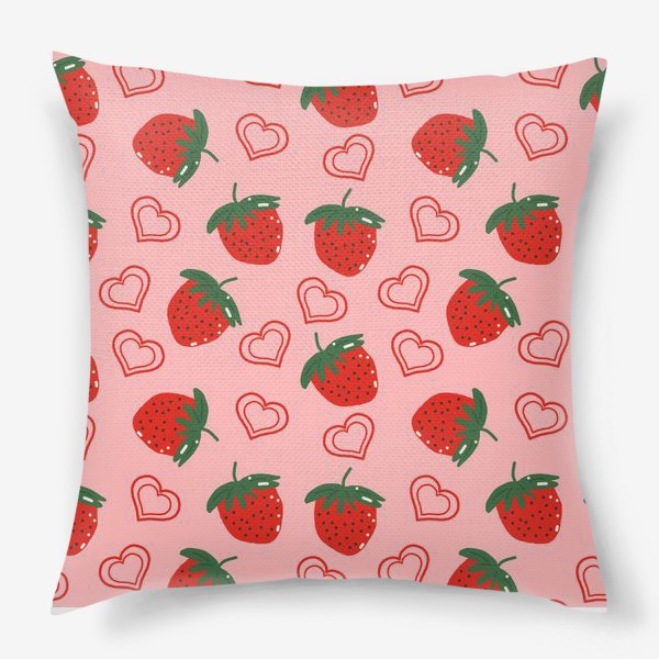 Подушка «клубника и сердечки. сочный летний фруктовый паттерн на розовом фоне»