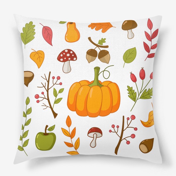 Подушка «autumn set with pumpkins, apples, mountain ash, rosehip, mushrooms»
