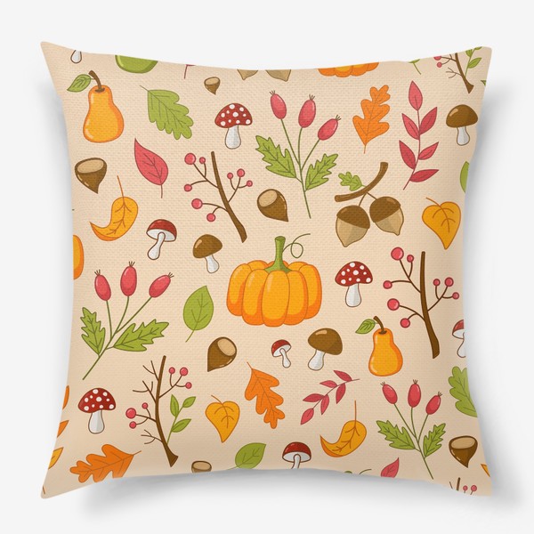 Подушка «Осенний узор. Тыквы, листья, каштаны, желуди, фрукты, грибы.»