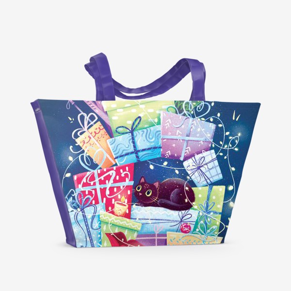 Пляжная сумка «Котик с новогодними подарками»