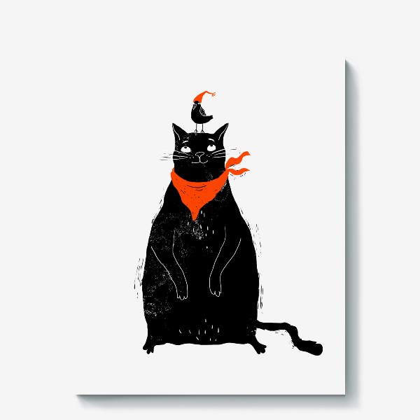 Холст &laquo;Черный кот и птичка в красном колпаке&raquo;