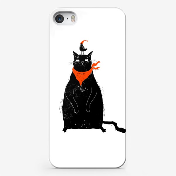 Чехол iPhone «Черный кот и птичка в красном колпаке»