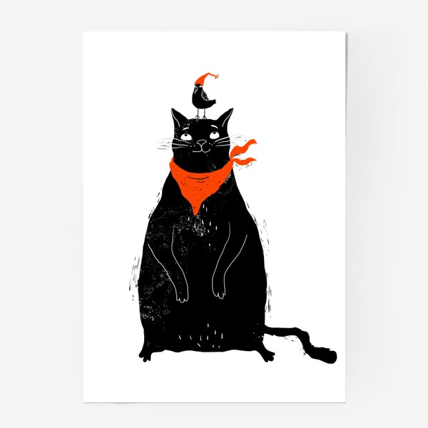 Постер «Черный кот и птичка в красном колпаке»