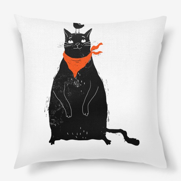 Подушка «Черный кот и птичка в красном колпаке»