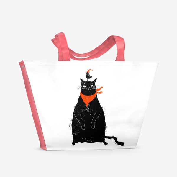 Пляжная сумка «Черный кот и птичка в красном колпаке»