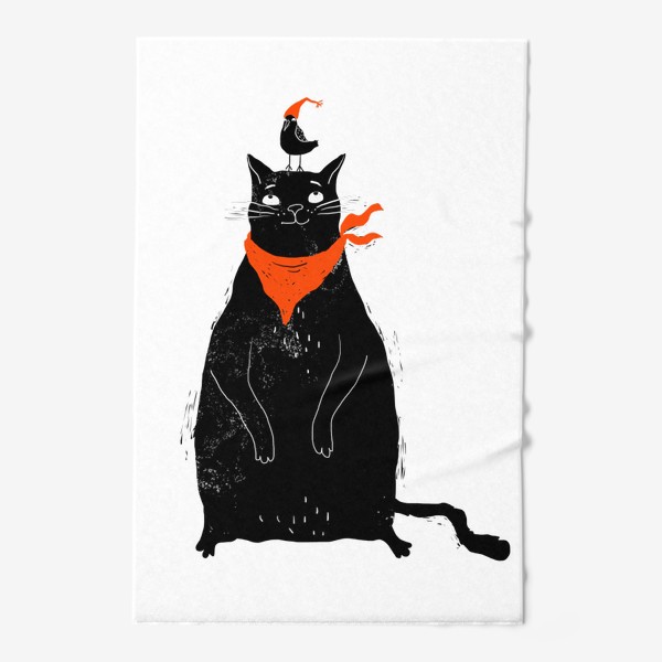 Полотенце «Черный кот и птичка в красном колпаке»
