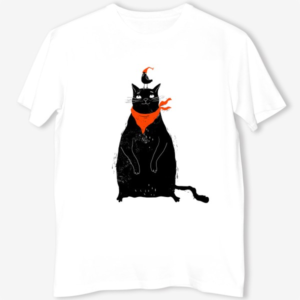 Футболка &laquo;Черный кот и птичка в красном колпаке&raquo;
