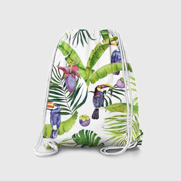 Рюкзак «Туканы и тропические листья. Акварельные тропики на белом»