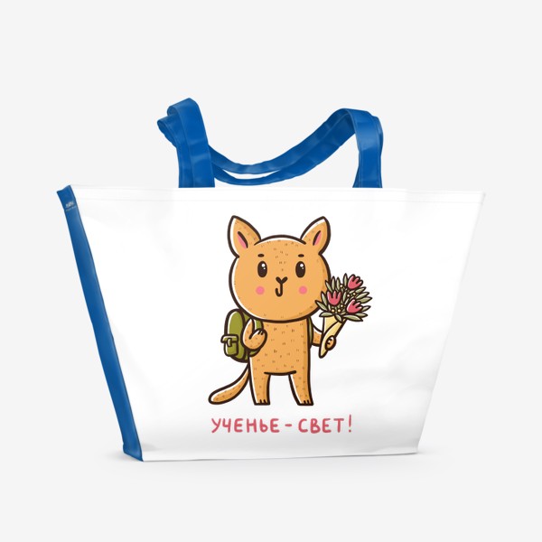 Пляжная сумка «Котик - школьник с букетом. Ученье - свет. Подарок учителю и первокласснику»