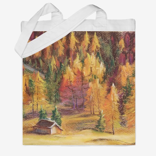 Сумка хб «Осенний пейзаж Картина Еловый лес Лиственницы Пастель»