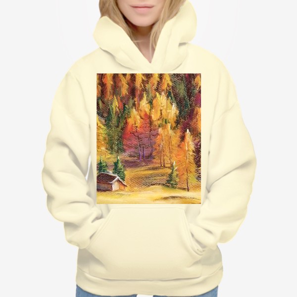 Худи «Осенний пейзаж Картина Еловый лес Лиственницы Пастель»
