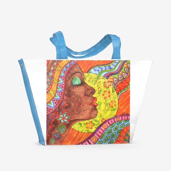 Пляжная сумка «Планета Африка. Девушка. Цветы. Орнамент»