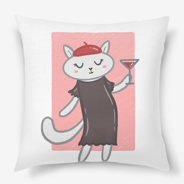 Подушка «Элегантная белая кошка-француженка с коктейлем»