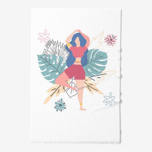 Полотенце «Йога. Женщина в позе дерева на фоне листьев и цветов»