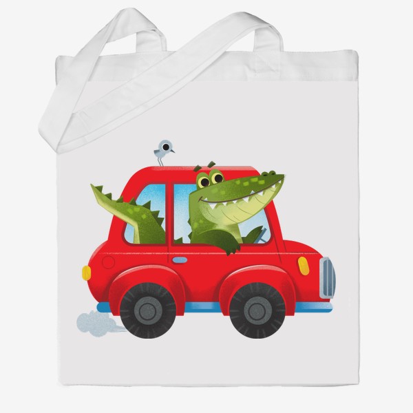 Сумка хб «Крокодил в красной смешной машине. Детский мультяшный принт»