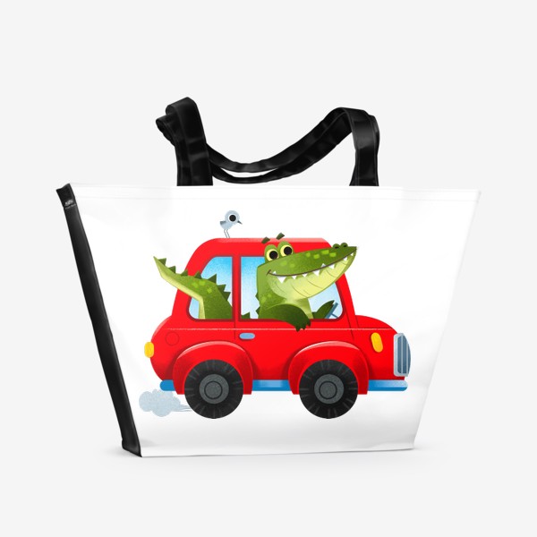 Пляжная сумка «Крокодил в красной смешной машине. Детский мультяшный принт»