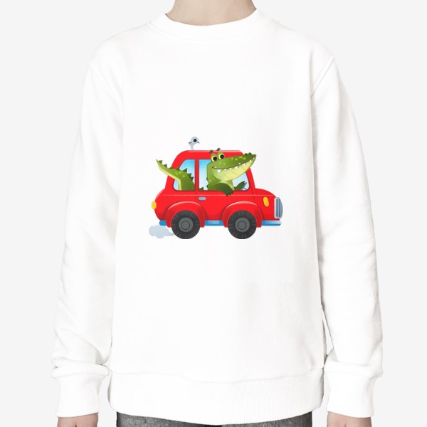 Свитшот «Крокодил в красной смешной машине. Детский мультяшный принт»