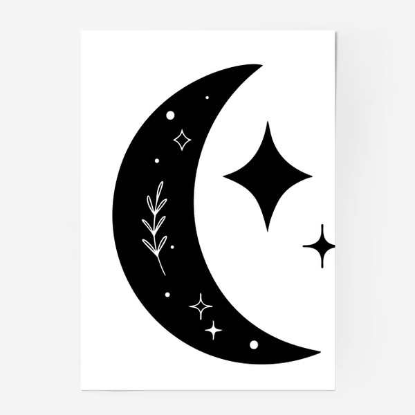 Постер «Звезды, луна, астрология, созвездия, небесный принт. Черно-белый, минимализм.Мистический, магия.В подарок готу.»
