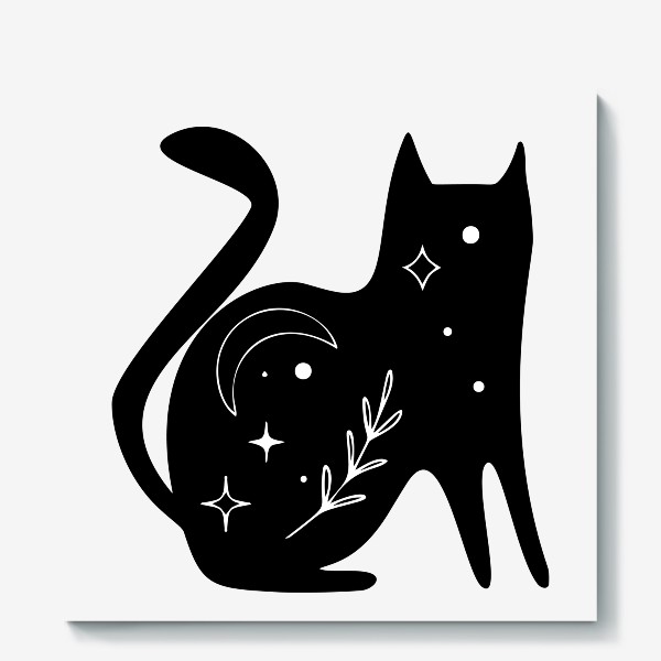 Холст «Волшебный черный кот, котик, магия, Звезды. Минимализм. Стильный черно-белый принт. Хэллоуин. Кошатникам»