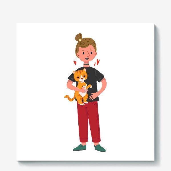 Холст «Смешная девушка держит рыжего кота»
