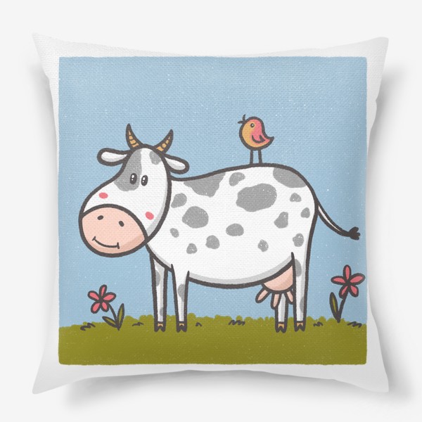 Подушка «Милая корова с птичкой на спине»