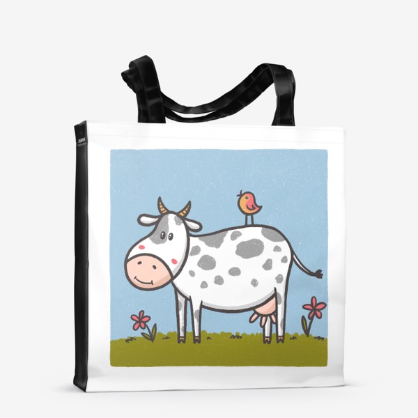 Сумка-шоппер «Милая корова с птичкой на спине»