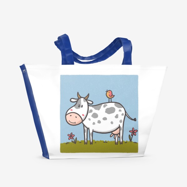 Пляжная сумка «Милая корова с птичкой на спине»