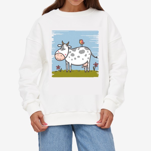 Свитшот «Милая корова с птичкой на спине»