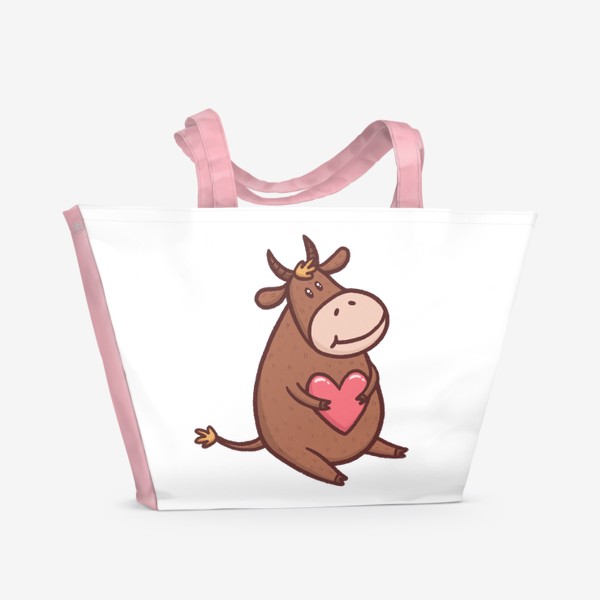 Пляжная сумка «Милый бык с сердечком на прозрачном фоне»