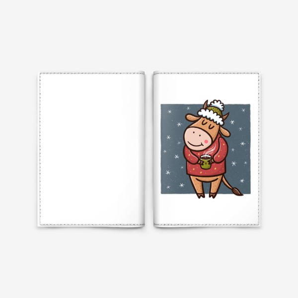 Обложка для паспорта «Милый бык с какао на прозрачном фоне. Новый год 2021»