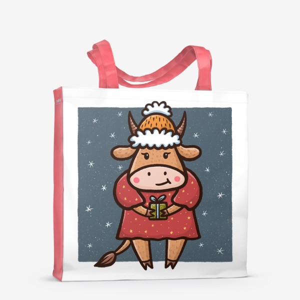 Сумка-шоппер «Милая корова с подарком на прозрачном фоне. Новый год 2021»
