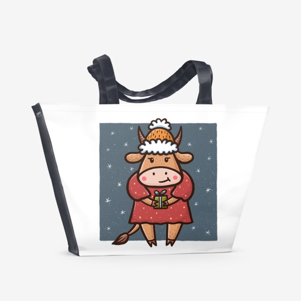 Пляжная сумка &laquo;Милая корова с подарком на прозрачном фоне. Новый год 2021&raquo;