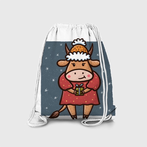 Рюкзак «Милая корова с подарком на прозрачном фоне. Новый год 2021»