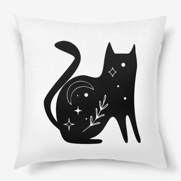 Подушка «Волшебный черный кот, котик, магия, Звезды. Минимализм. Стильный черно-белый принт. Хэллоуин. Кошатникам»
