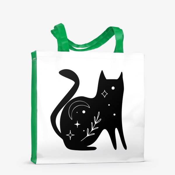Сумка-шоппер «Волшебный черный кот, котик, магия, Звезды. Минимализм. Стильный черно-белый принт. Хэллоуин. Кошатникам»