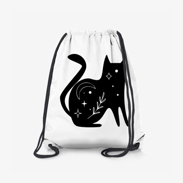 Рюкзак «Волшебный черный кот, котик, магия, Звезды. Минимализм. Стильный черно-белый принт. Хэллоуин. Кошатникам»