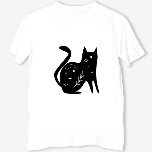 Футболка «Волшебный черный кот, котик, магия, Звезды. Минимализм. Стильный черно-белый принт. Хэллоуин. Кошатникам»