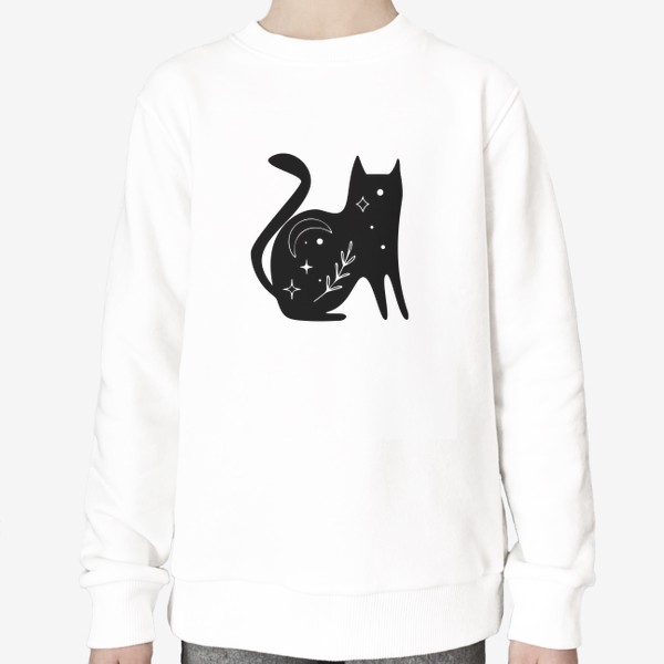 Свитшот «Волшебный черный кот, котик, магия, Звезды. Минимализм. Стильный черно-белый принт. Хэллоуин. Кошатникам»