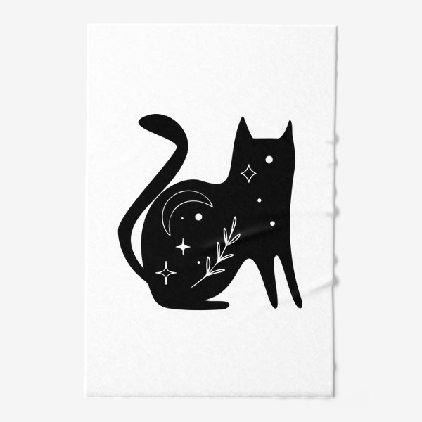 Полотенце «Волшебный черный кот, котик, магия, Звезды. Минимализм. Стильный черно-белый принт. Хэллоуин. Кошатникам»