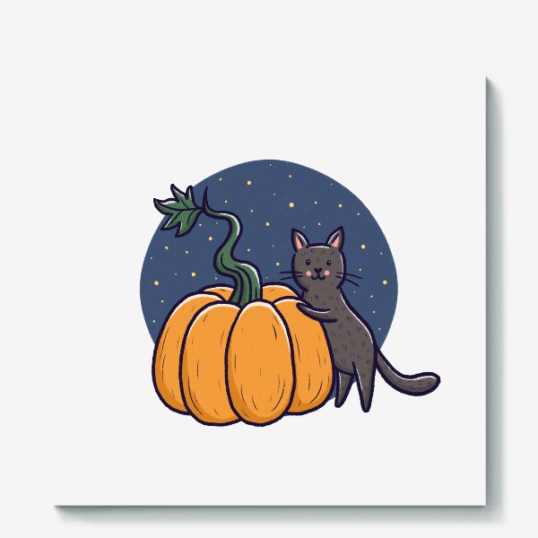 Холст «Серый кот с тыквой. Хэллоуин»