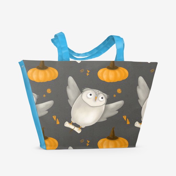 Пляжная сумка «Совы и тыквы, осенний принт, хэллоуин, магия, Хогвартс, любителям Гарри Поттера. подростку. Halloween, птицы, волшебство»