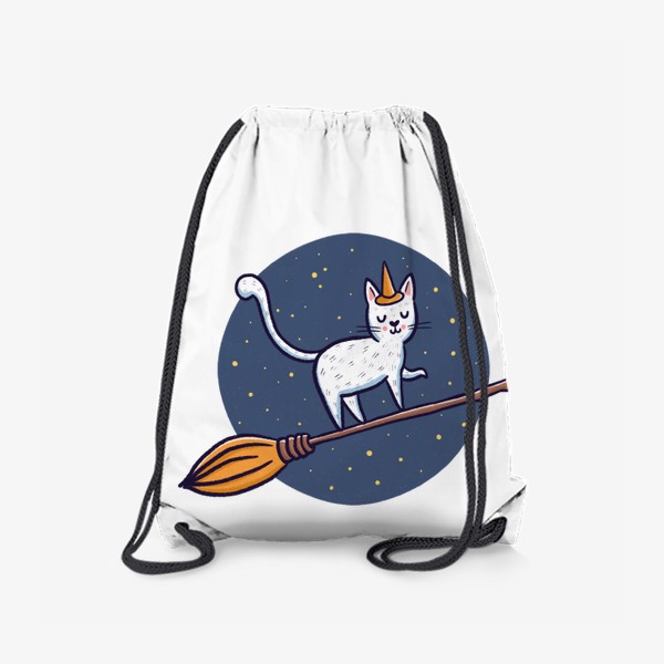 Рюкзак «Белый кот на метле. Хэллоуин»