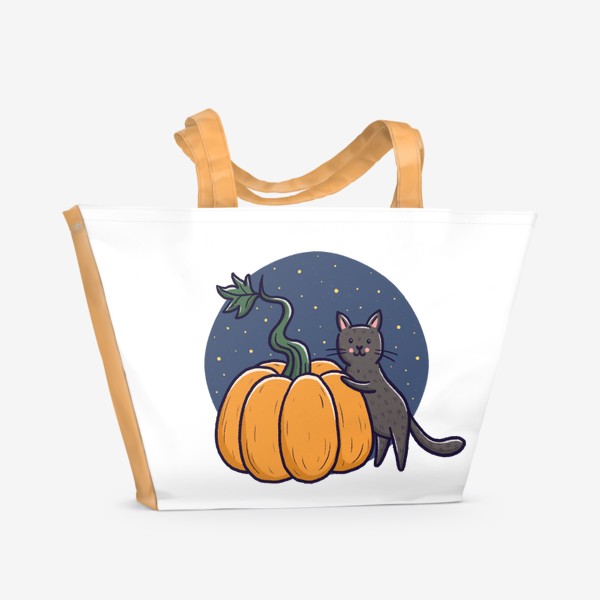 Пляжная сумка «Серый кот с тыквой. Хэллоуин»