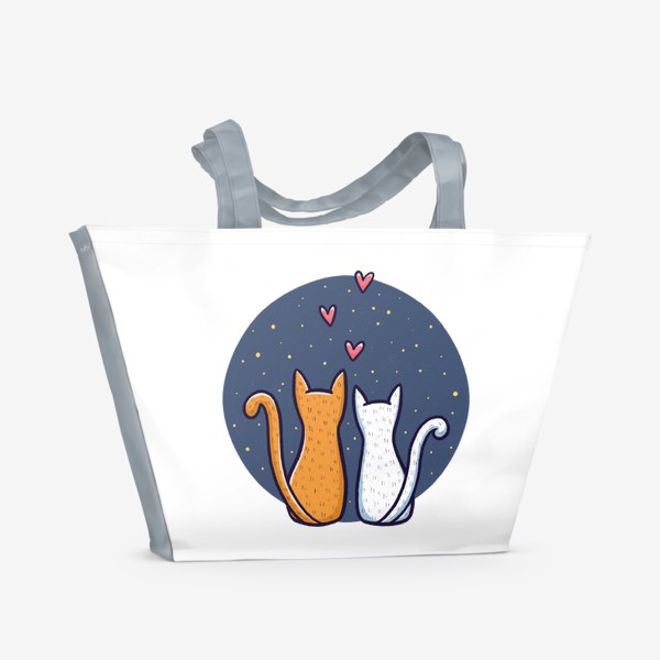 Пляжная сумка &laquo;Влюбленные коты с сердечками на фоне космоса (на прозрачном фоне)&raquo;