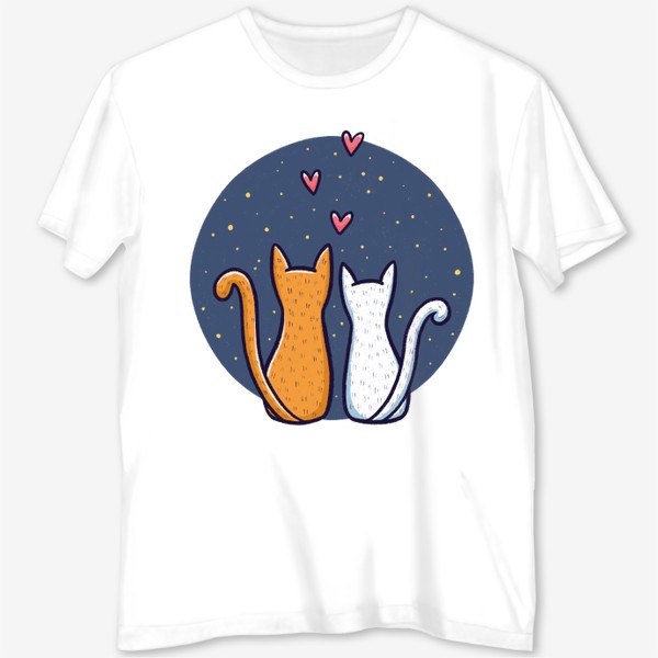 Футболка с полной запечаткой &laquo;Влюбленные коты с сердечками на фоне космоса (на прозрачном фоне)&raquo;