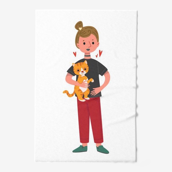 Полотенце &laquo;Смешная девушка держит рыжего кота&raquo;