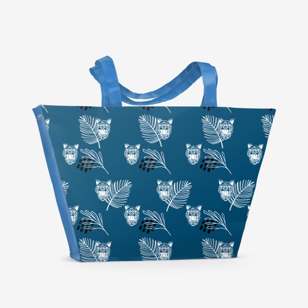 Пляжная сумка «Тигры и тропические растения на синем фоне»