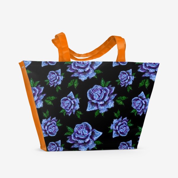 Пляжная сумка «Сапфировые розы на черном фоне»