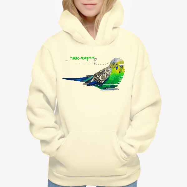 Худи «волнистый зеленый говорящий попугай акварелью»