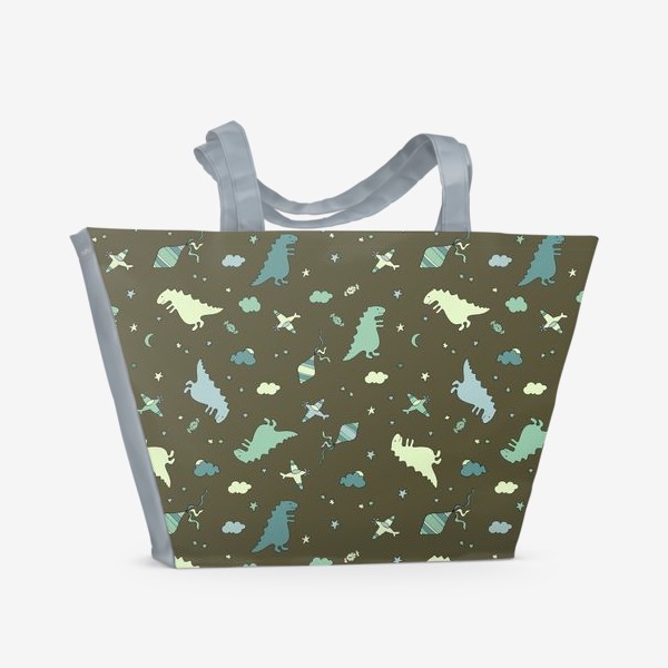 Пляжная сумка «Детский узор с динозаврами, самолетами, облаками, звездами»
